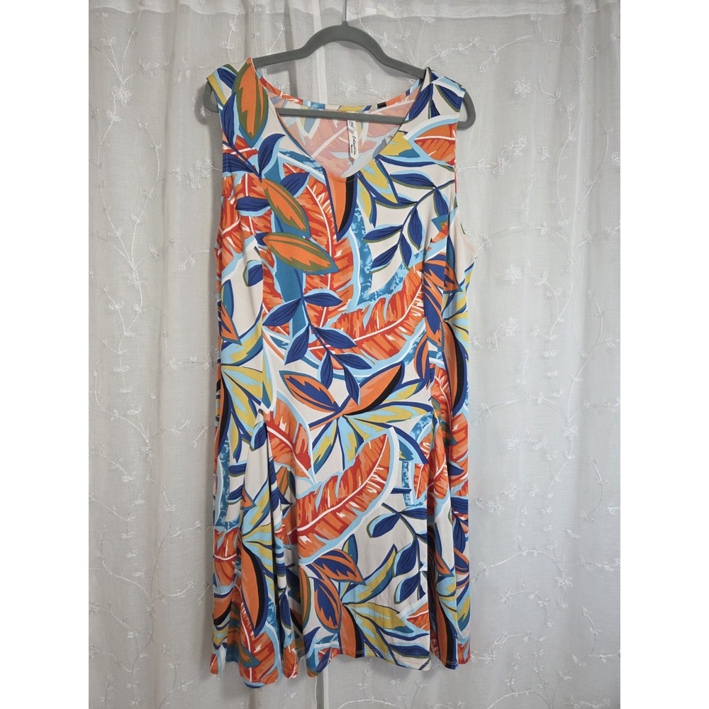 NY Collections Tropical Palm Leaf Sleeveless V Neck Maxi Dress 1X Flowy Vibrant